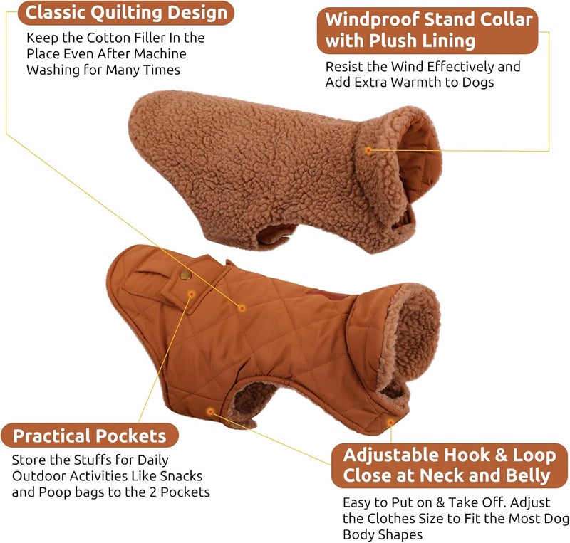 Queenmore Warm Dog Coat, Cold Weather Puffer Dog Jacket with Ultra Thick Plush Lining and Storage Pockets (Brown, Medium) - Image 3